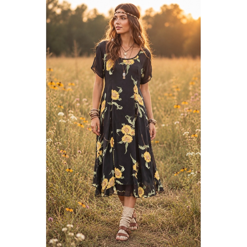 NEW Nostalgia Sunflower Floral Midi Dress Sheer Overlay Rayon Vintage M 90s